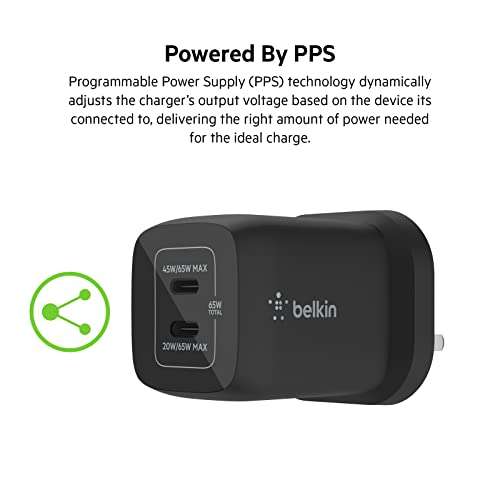 Belkin 65W Dual USB Type C Wall Charger, Fast Charging Power Delivery 3.0 with GaN Technology - £29.99 @ Amazon