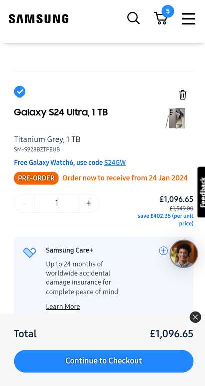Samsung Galaxy S24 Ultra Pre-Order 1TB + free Galaxy watch 6 and strap, Vegal leather case & screen protector w/code via BLC discount