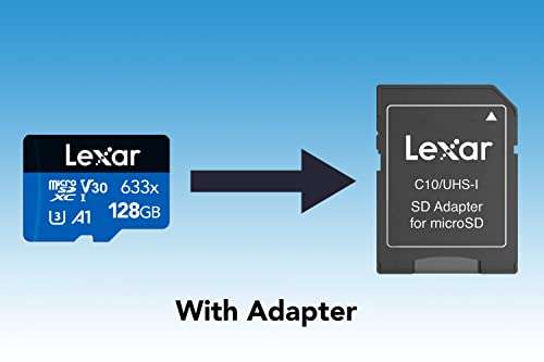 128GB - Lexar 633x Micro SD Card, microSDXC UHS-I Card + SD Adapter, microSD Memory Card up to 100MB/s Read, A1, Class 10, U3, V30,