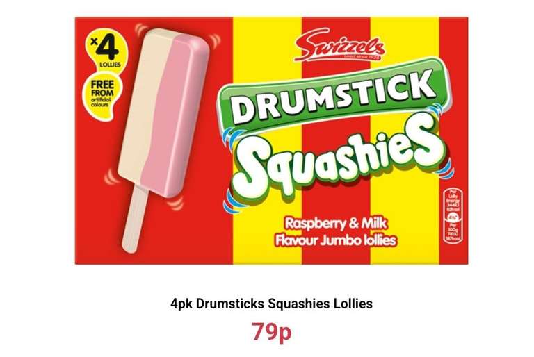 Swizzels Drumstick Squashies Raspberries & Milk Flavour Jumbo Lollies 4 Pack 79p @ Farmfoods