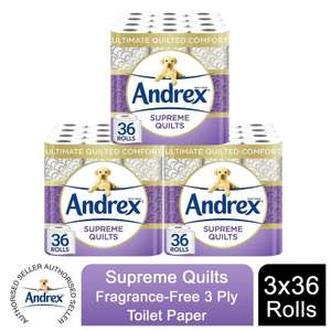 Andrex Supreme Quilts Fragrance-Free Toilet Rolls - 108 Rolls (12 Boxes of 9 Rolls) - Using Code - Sold by Kimberly Clark Official Store