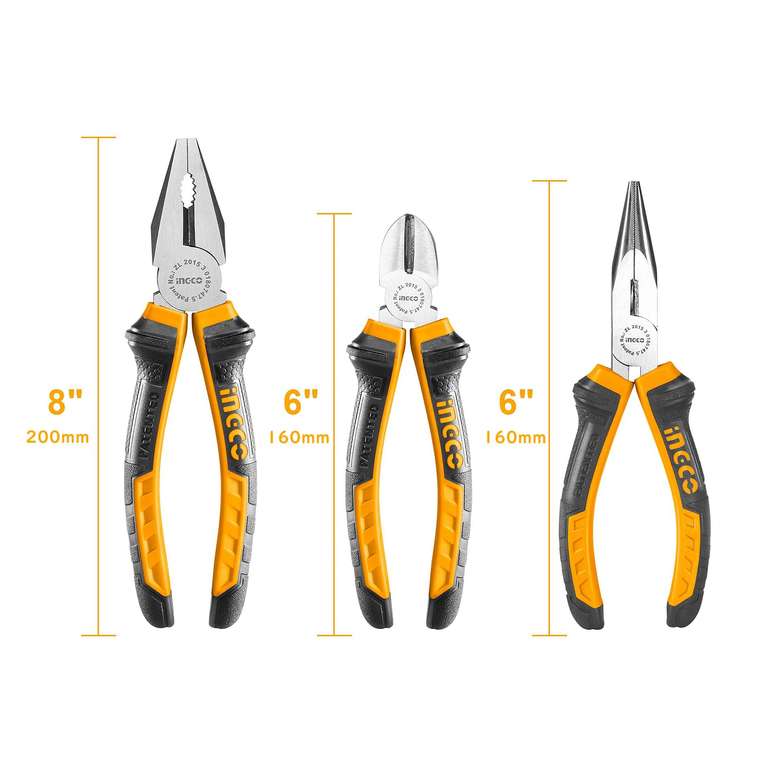 INGCO 3Pcs Pliers Set, 8" Combination Pliers and 6" Diagonal Cutting Pliers and 6" Long Nose Pliers HKPS08318 - Sold By INGCO UK FBA