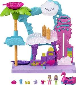 Polly Pocket Pollyville Flamingo Fun Car Wash, 2 Micro Dolls, Flamingo Car Color-Change, Water Play Accessories