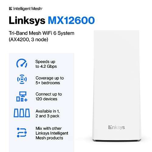 Linksys Velop MX12600 Tri-Band Whole Home Mesh WiFi 6 System (AX4200) WiFi Router, Extender & Booster up to 9000 sq ft, 120+ Devices, 3Pack