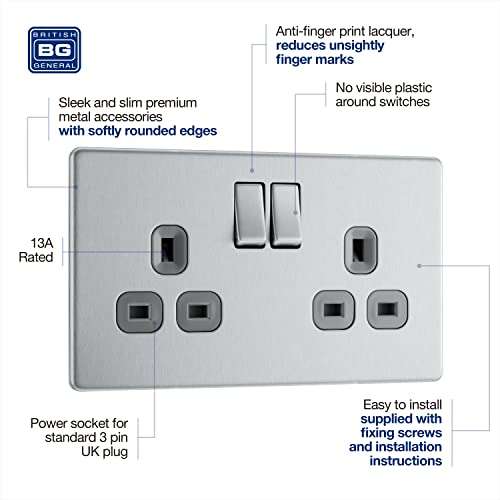 BG Electrical FBS22G-01 Double Switched Screwless Flat Plate Power Socket, Brushed Steel, 13 Amp £7.01 @ Amazon
