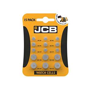 JCB Watch Batteries - 15 Mixed Pack - 5 Most Popular Sizes, AG1, AG3, AG4 AG12 & AG13 - £1.80 @ Amazon