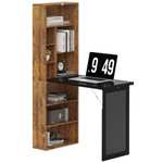 Homcom Computer Desk Fold-Out Blackboard, Rustic Brown Space Saving Study Table,Floating Writing Desk,Adjustable Shelf, 9 Open Compartments