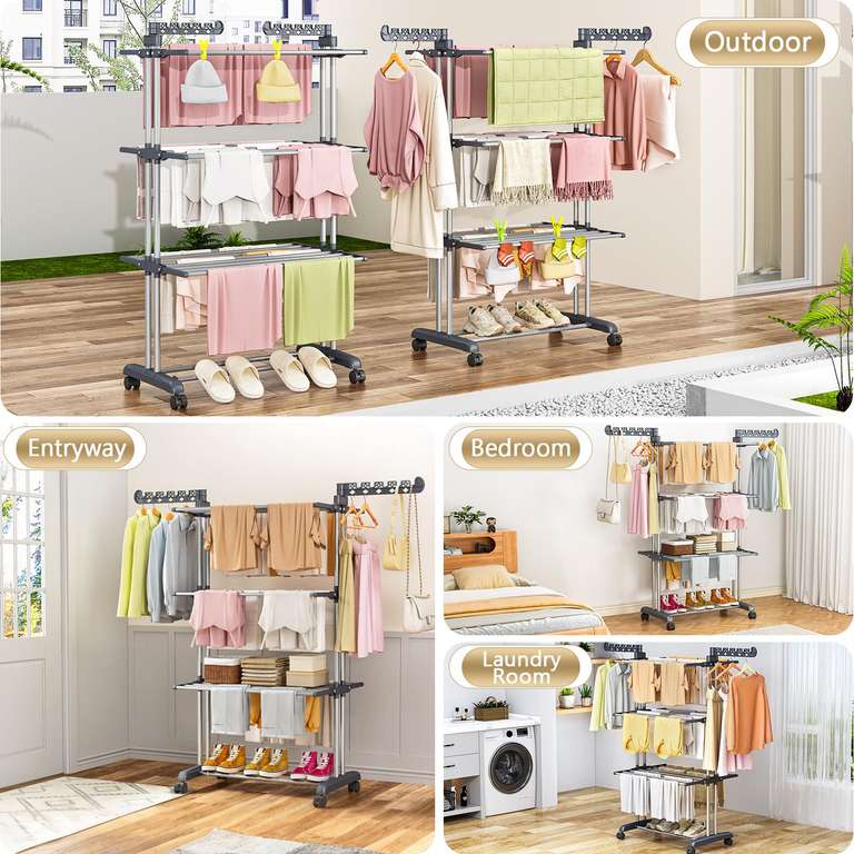 Extra Large 4-Tier Clothes Airer with Wheels, Foldable Clothes Drying ...