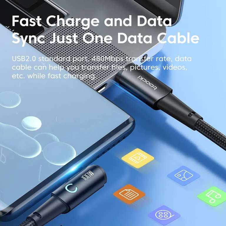 Toocki 100W USB C To USB C 90 Degree Cable 0.25m/1m/2m/3m Welcome Deal for selected accounts (from £4.15 exisitng buyer) @ Cutesliving Store