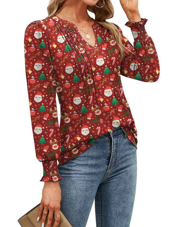 Womens V Neck Tops Puff Short Sleeve T-Shirt Pleated Floral Printed ...