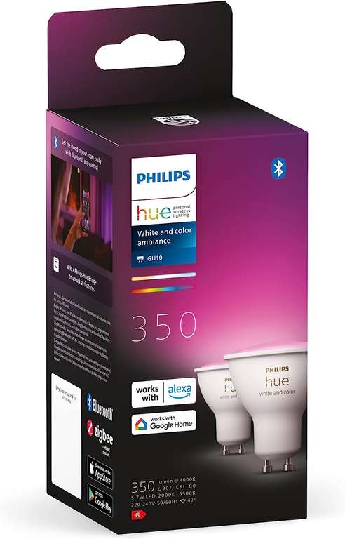 Philips Hue White and Colour Ambiance Smart Light 2 Pack [GU10 Spot] With Bluetooth