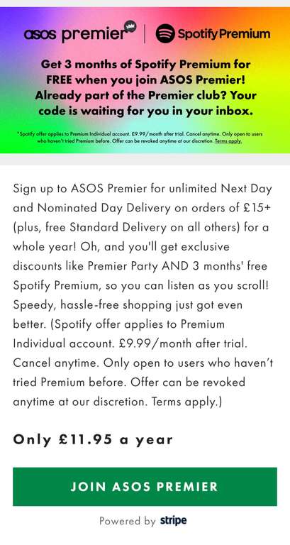 3 months free Spotify Premium via email select accounts (new customers) for ASOS Premier members (Or £11.95 for new members)