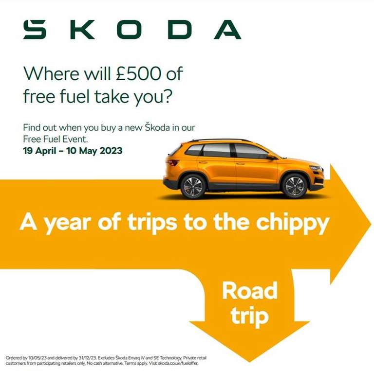 Free fuel worth £500 across Skoda range / £750 for the Kodiaq and Superb models when purchasing a new car @ Skoda UK