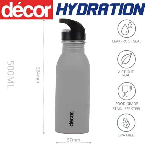 Décor Snap n Seal Soft Touch Stainless Steel Bottle | Leakproof Bottle with Straw | Ideal for On the Go, Gym & Travel - 500ml, Grey