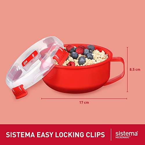 Sistema Microwave Breakfast Plastic Bowl | Round Microwave Container with Lid & Steam Release Vent | 850 ml | BPA-Free | Red |