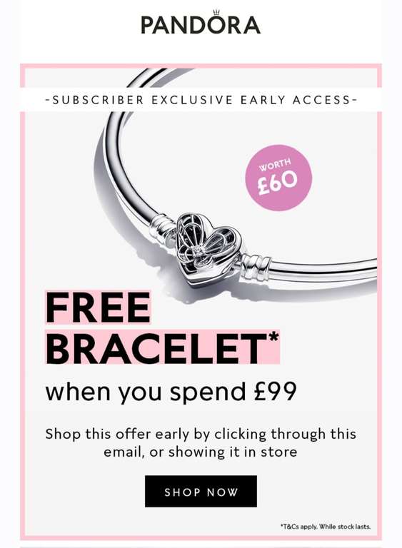 Get a Bracelet worth £60 when you spend £99 @ Pandora