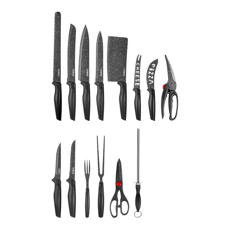 Tower T81521B Essentials 24 Piece Kitchen Knife Set, Stone-Coated Stainless Steel Blades, Black