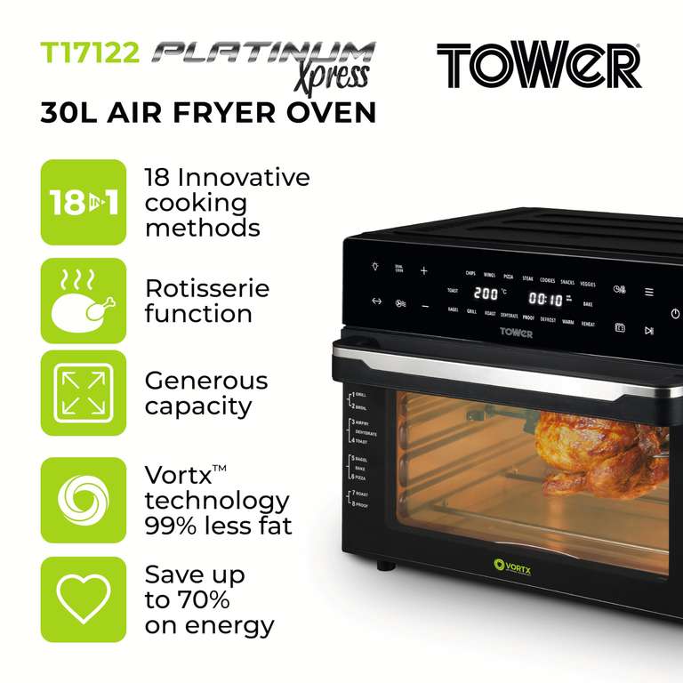Tower T17122 Vortx Platinum Xpress Digital 30L Air Fryer Oven with Vizion Viewing Window, 18 Cooking Options, 2 Hour Timer, 1800W