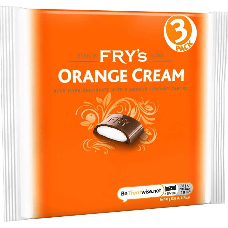 Fry's Orange Cream Chocolate Bar 3 Bars 147g. Smooth Fondant Centre, Covered in Dark Chocolate, Dessert (or £1.06 S&S)