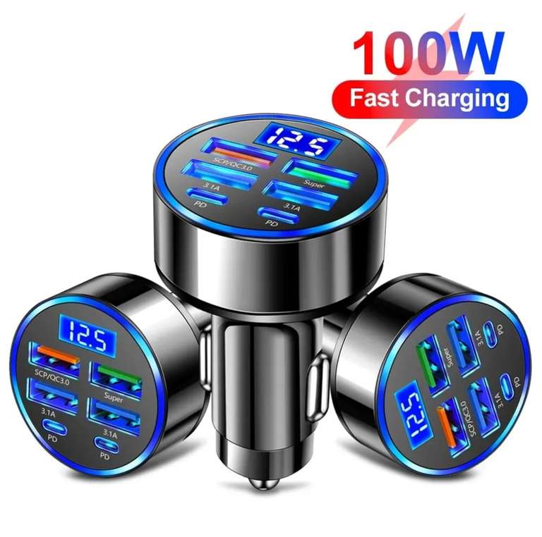 100W 6 Ports Car Charger Fast Charging PD QC3.0 USB C Car Phone Charger Type C Adapter in Car, Sold By Digitaling Store