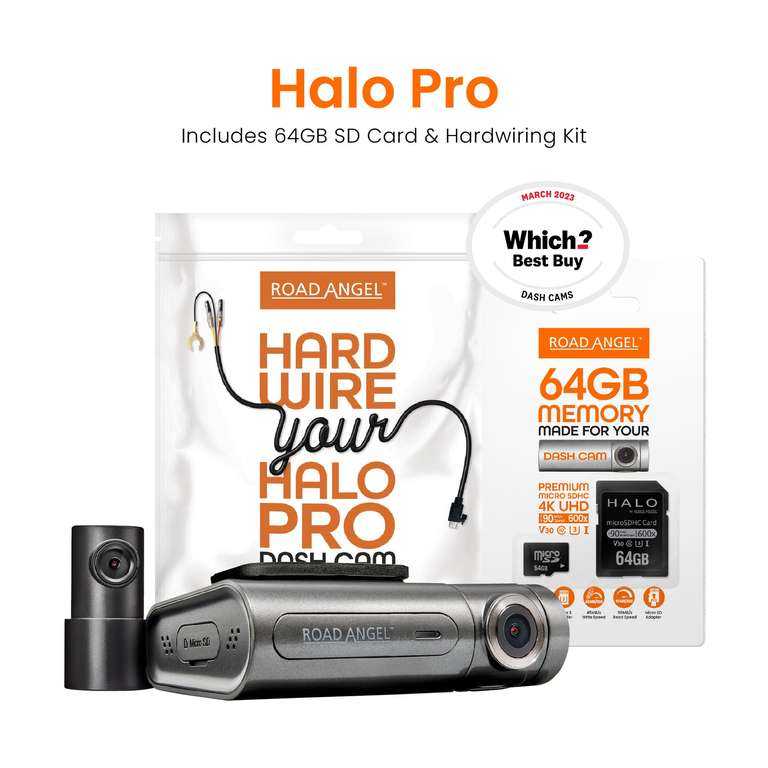 Road Angel Halo Pro Front and Rear Dash Cam with SD Card & Hardwiring Kit Bundle