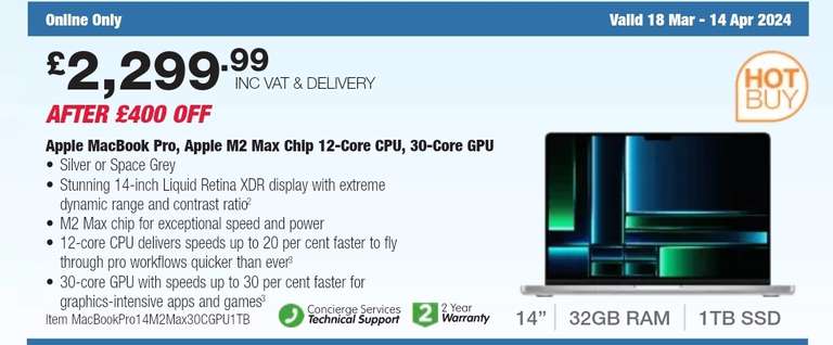 Apple MacBook Pro, Apple M2 Max Chip 12-Core CPU, 30-Core GPU, 32GB RAM, 1TB SSD, 14 Inch