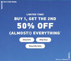 Buy one get one 50% off (almost) everything + Free Click & Collect - @ Hollister