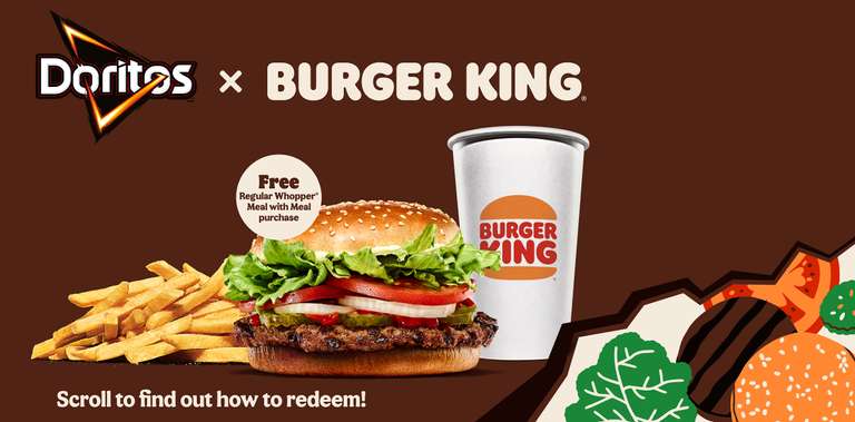 Free Regular Whopper Meal with Meal Purchase with Code from Purchase of Doritos via ASDA / Amazon