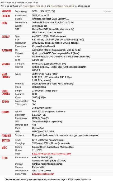 Xiaomi Redmi Note 12 5G, 120Hz AMOLED display, Snapdragon 5G processor, 33W 5000mAh, 2 Yr Wrnty - £229 / Redmi Note 12 - £176.50 @ Amazon