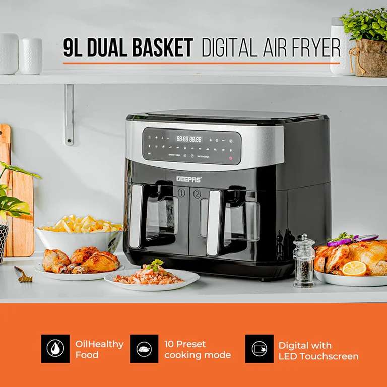 Geepas 9L Digital Instant VORTEX Dual Basket Air Fryer + Free Recipe E-Book - Using Code