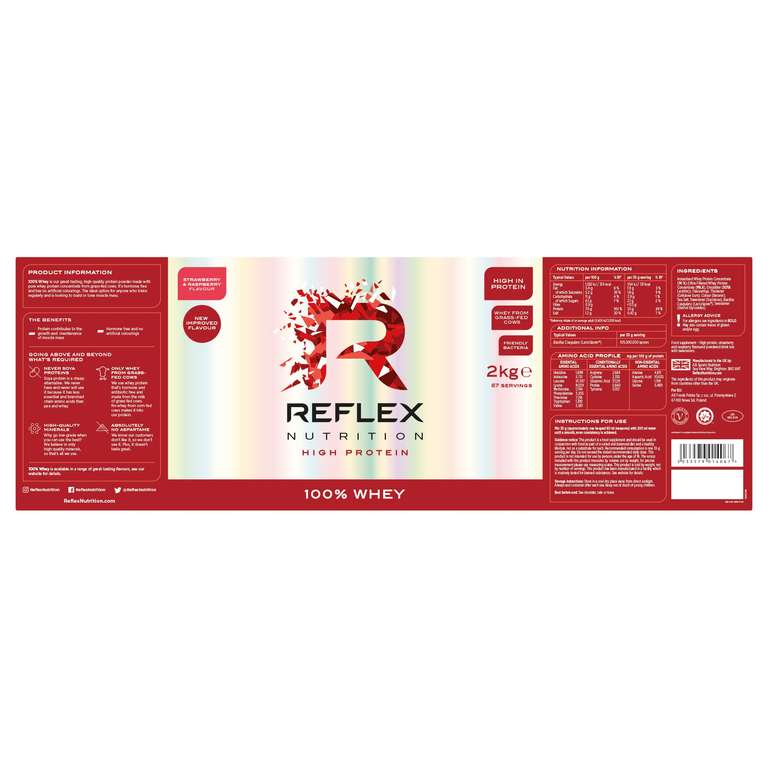 Reflex Nutrition 100% Whey Protein Powder | 80% Pure Whey Protein | Amino Acids | No Added Sugar | Protein Powder 2kg - £27.32 S&S