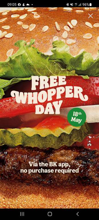 Free Whopper, Wednesday 18th May via BK App at Burger King