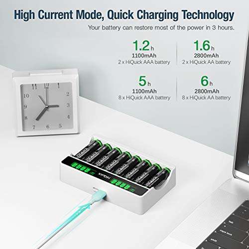 HiQuick LCD 8-slot Battery Charger for AA & AAA Rechargeable Batteries, Type C and Micro USB Input, 5V 2A Fast Charging sold by HiQuick FBA