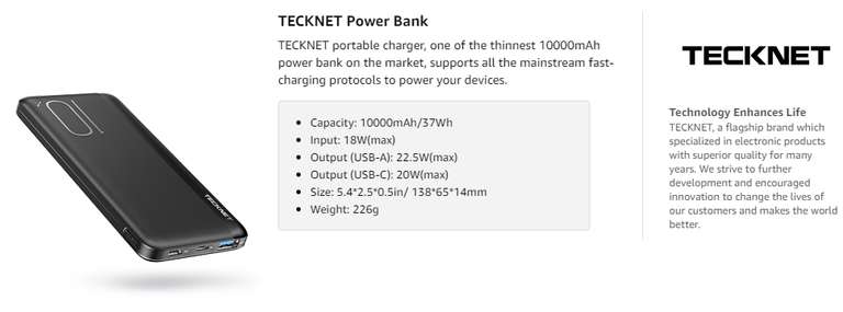 TECKNET 10000mAh 22.5W PD3.0 QC4.0 Power Bank with code