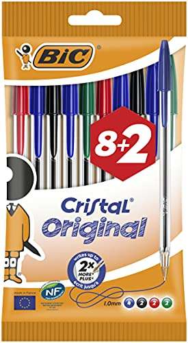 Pack of 10 BIC Cristal Original Ballpoint , Comfortable Biro Pens, Medium Point (1.0mm), Assorted Colours
