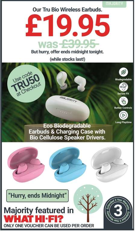 True Wireless Bluetooth Earbuds £19.95 with discount code @ Majority