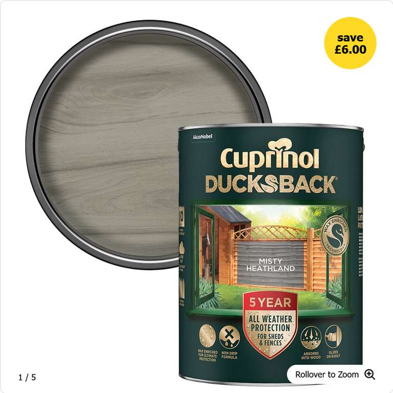 Cuprinol 5 Year Ducksback Shed & Fence Treatment 5L, 9 Colours - £10 (Free Click & Collect) @ Wilko