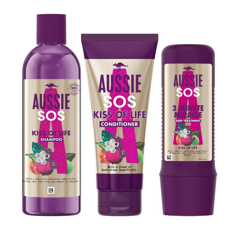Aussie SOS Gift Bag, Kiss of Life Shampoo and Conditioner Set + 3 Minute Miracle Hair Mask, Hair Care Gift Set with Make Up Bag