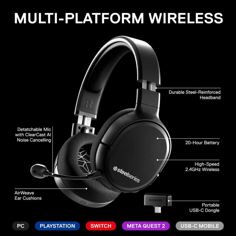 STEELSERIES Arctis 1 Wireless 7.1 Gaming Headset - Black (PS4 / PS5 / Switch / PC / Wired Xbox)