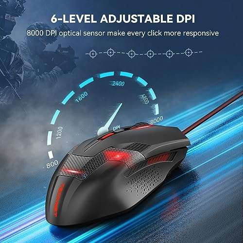 TECKNET Wired Gaming Mouse, 8000 DPI Adjustable Optical Sensor USB