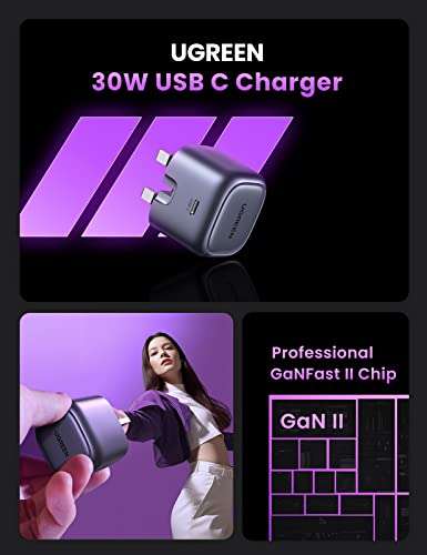 UGREEN 30W USB C Charger, Nexode 30W USB C Plug PD 3.0 Fast Charge Foldable GaN Charger £13.99 @ UGREEN GROUP LTD / Amazon