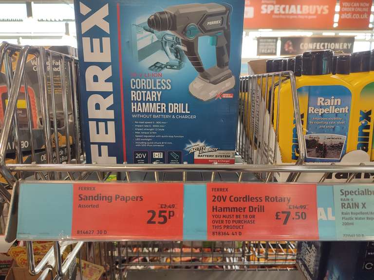 Ferrex Tools Reduced, Sander £2.50, Cordless Drill £3.50, Charger £7.50, Reciprocating Saw £14.99 @ Aldi Westhill Aberdeen In-store