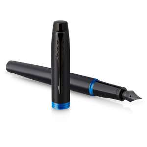 Parker IM Vibrant Rings Fountain Pen | Satin Black Lacquer with Marine Blue Accents | Fine Point with Blue Ink Refill | Gift Box