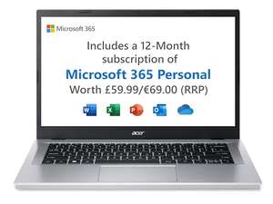 Acer Aspire 3 A314-36P 14-inch Laptop - Intel Core i3-N305, 4GB, 128GB SSD, Windows 11 Home, USB-C, Microsoft 365 Personal, Silver
