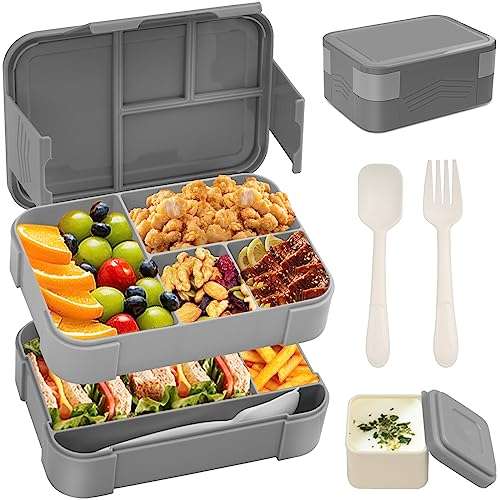 1550ml Leakproof Stackable Lunch Box for Kids/Adults, 6 Compartments, Cutlery and Sauce Pot, BPA Free Various Colours S/by Bibury FBA w/Code