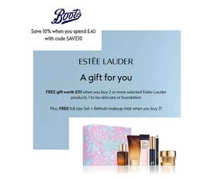 Free gift worth £111 when you buy 2 selected Estee Lauder, + receive a setting mist gift worth £28 when you buy 3 +Extra 10% off with code