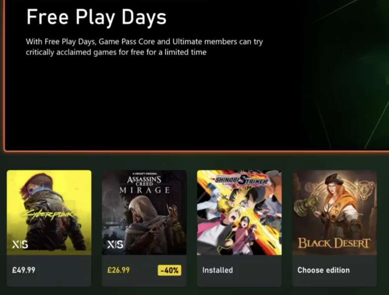 Free Play Days - Assassin's Creed Mirage, Cyberpunk 2077 (all players) / Naruto to Boruto: Shinobi Striker, Black Desert (Core/GPU members)