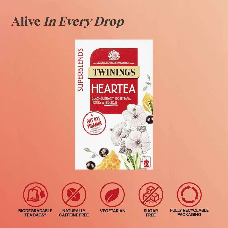 Twinings Superblends Heartea Tea - Blackcurrant & Rosemary Herbal Tea Infusion - Minimum order 3x 20 Tea Bags