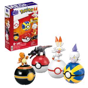 MEGA Pokémon Action Figure Building Toys 4-Pack, Fire-Type Trainer Team with 105 Pieces, Salandit Litwick Charmander Scorbunny