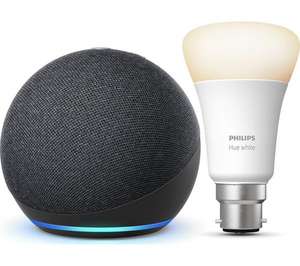 Amazon Echo Dot (4th Gen) with Alexa & Philips Hue White Bluetooth B22 LED Bulb Bundle - Charcoal - Free collection